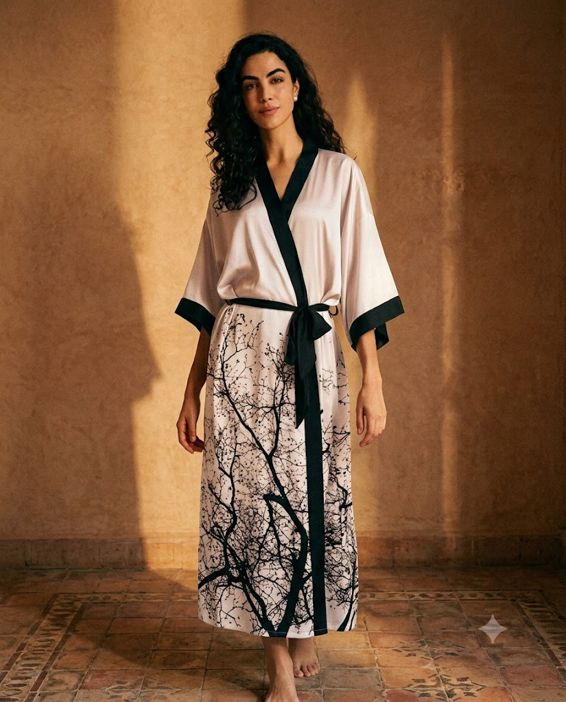 Peignoir femme long en satin champagne, beige clair, imprimé de branches noires sur le bas