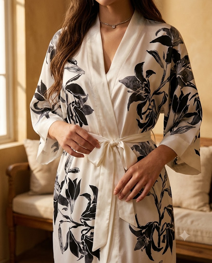 Détail du col croisé en V et de la ceinture nouée d'un peignoir femme en satin blanc nacre imprimé