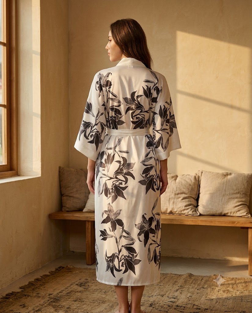 Dos d'un peignoir femme long en satin blanc nacre à imprimé floral noir, ceinture nouée