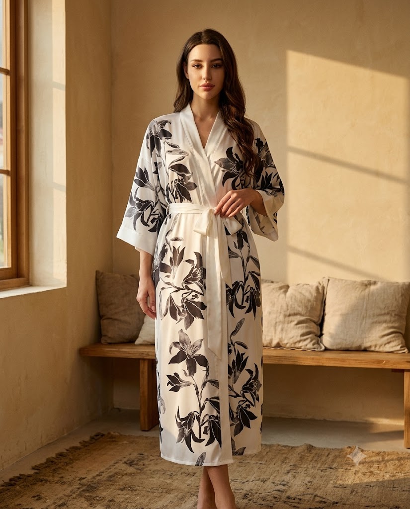 Peignoir femme long en satin blanc nacre, imprimé de grandes fleurs de lys noires, coupe kimono