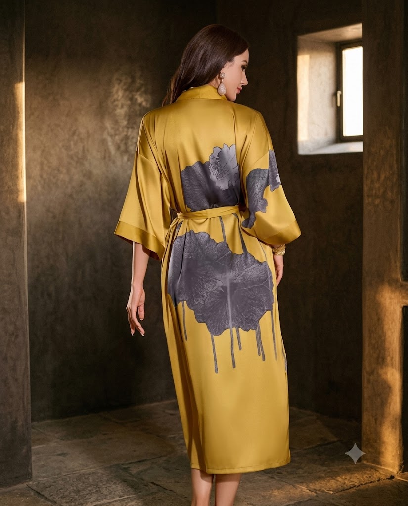 Dos d'un peignoir femme long en satin jaune safran à grand imprimé gris ardoise, ceinture nouée