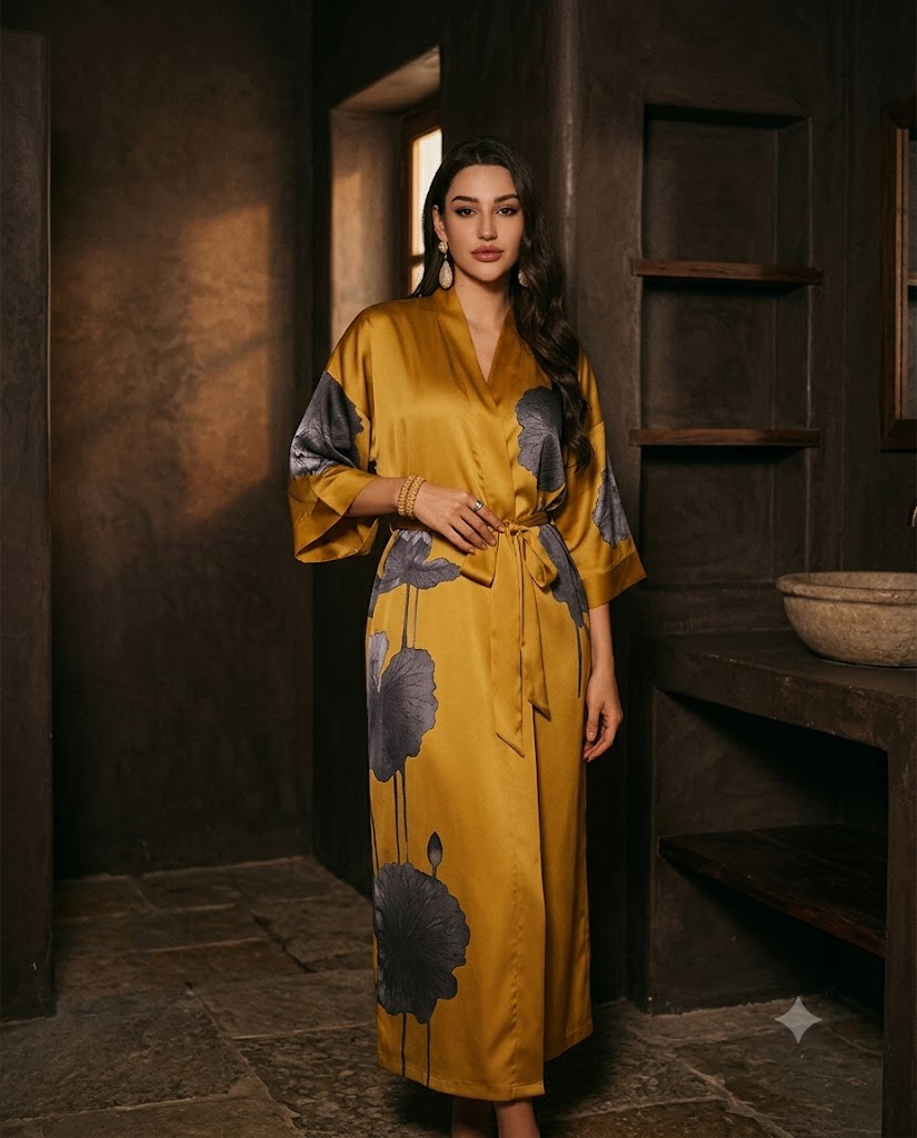 Peignoir femme long en satin jaune safran, grand imprimé gris ardoise, coupe kimono