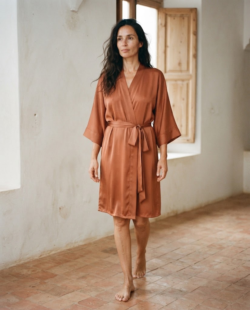 Femme en peignoir court en satin terracotta, col croisé et ceinture nouée, pieds nus