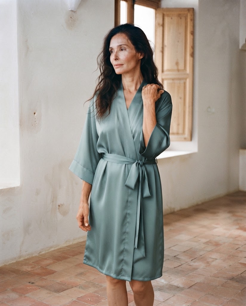 Femme en peignoir court en satin vert céladon, col croisé et ceinture nouée