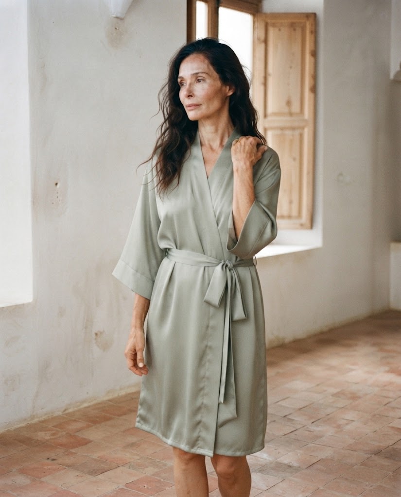 Femme en peignoir court en satin vert sauge, col croisé et manches trois-quarts
