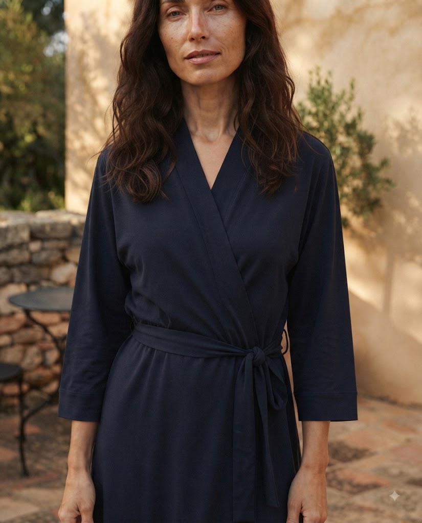 Détail du col croisé en V et de la ceinture nouée d'un peignoir femme en viscose bleu marine