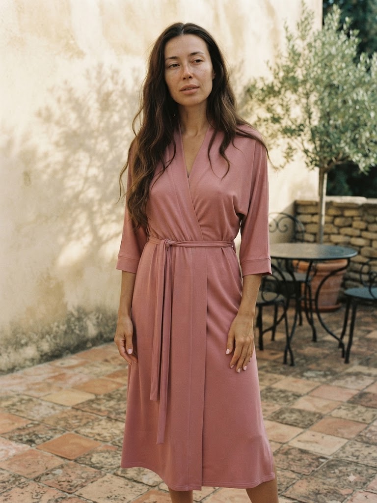 Femme debout en peignoir long en viscose rose cendré, col croisé à col montant, terrasse aux murs en chaux