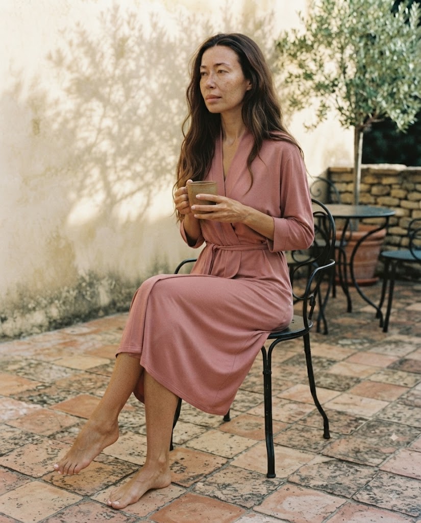 Femme assise sur une chaise en fer forgé en peignoir viscose rose cendré, tasse en main, terrasse méditerranéenne