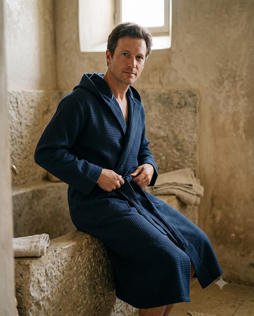 Homme en peignoir maille gaufrée bleu marine, assis, nouant la ceinture
