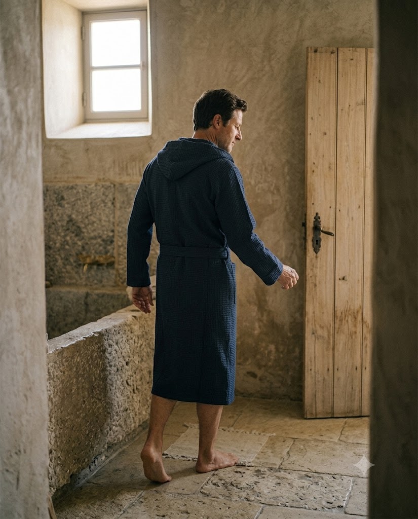 Homme en peignoir maille gaufrée bleu marine à capuche, vue de dos, intérieur en pierre naturelle