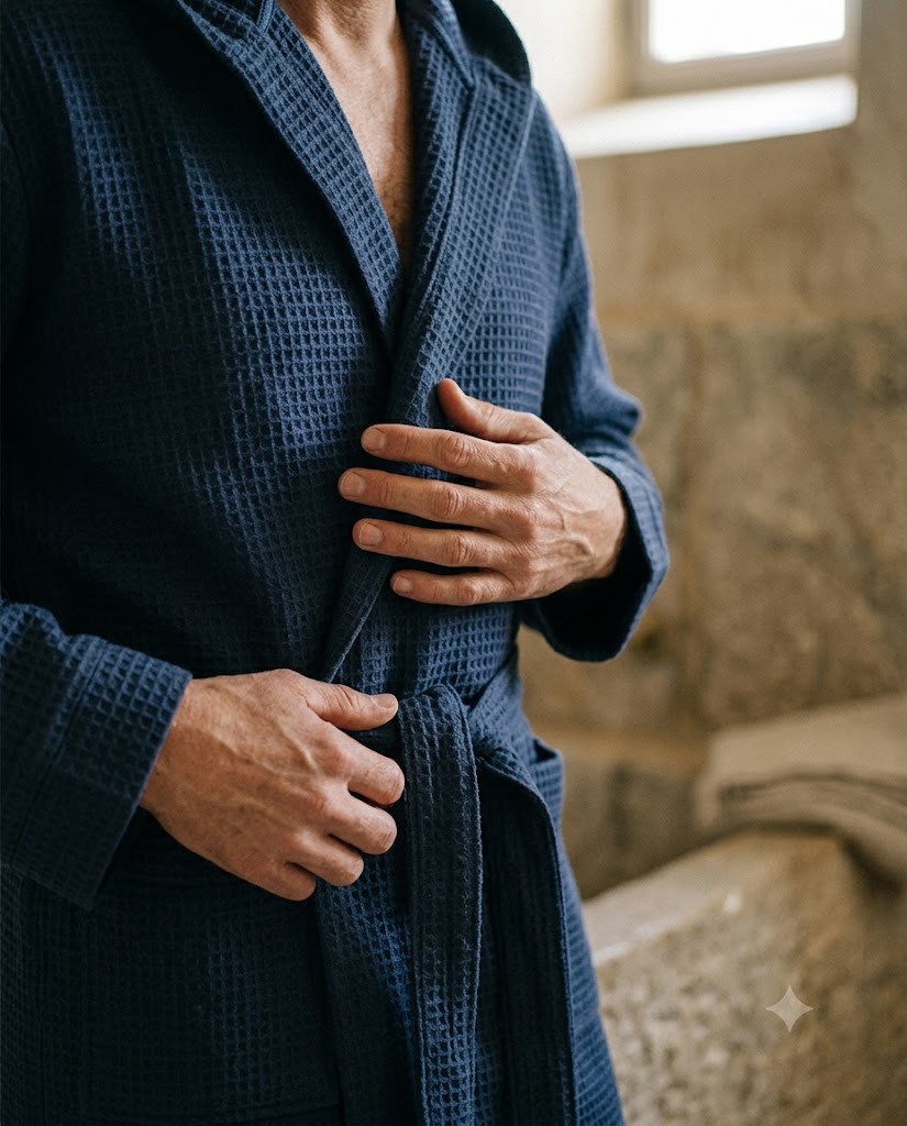 Gros plan ceinture nouée, tissage maille gaufrée bleu marine, mains posées