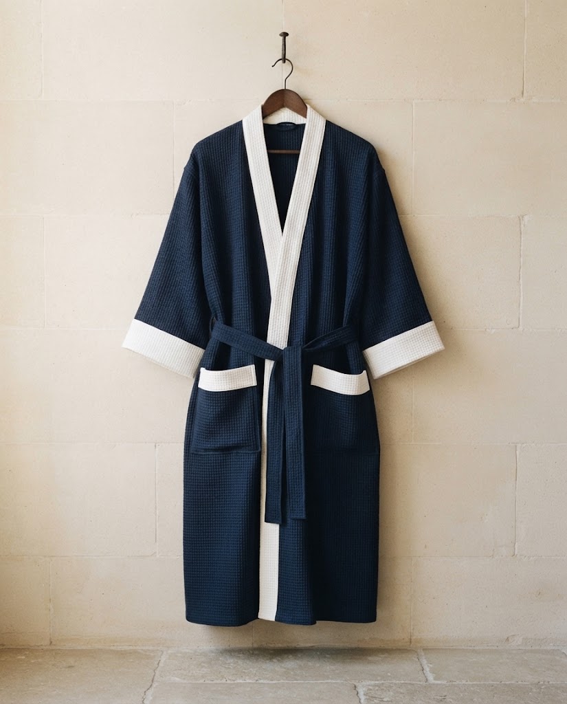 Peignoir homme maille gaufrée bleu marine à parement blanc sur cintre, grande taille, mur en pierre claire, Heure Sauvage