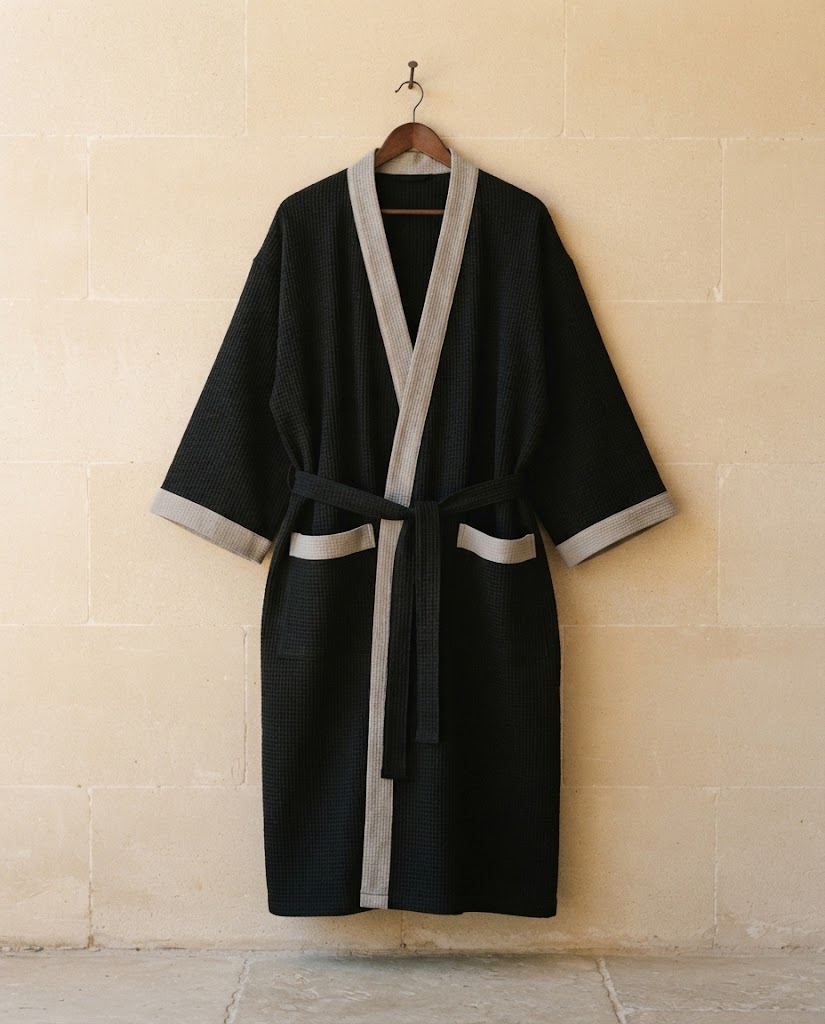 Peignoir homme maille gaufrée noir à parement gris sur cintre, grande taille, mur en pierre claire, Heure Sauvage