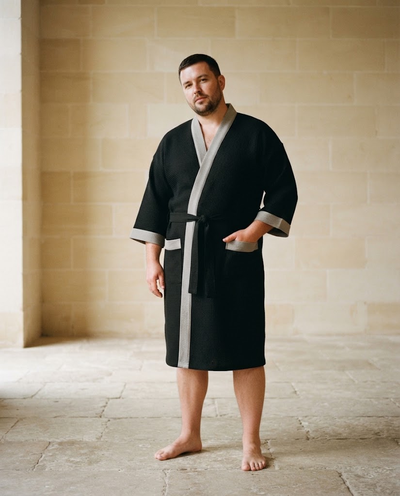 Homme de forte corpulence en peignoir maille gaufrée noir à parement gris, ceinture nouée, mur en pierre claire, Heure Sauvage