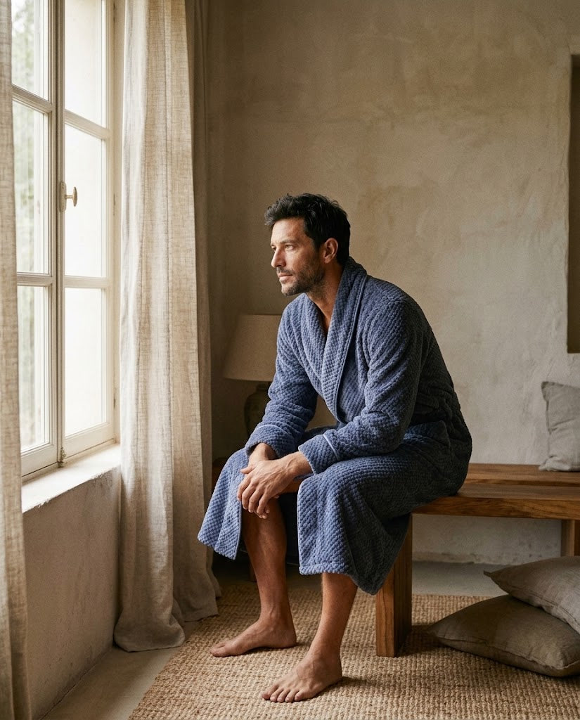 Homme assis de profil en peignoir polaire bleu ardoise près d'une fenêtre, peignoir homme Heure Sauvage