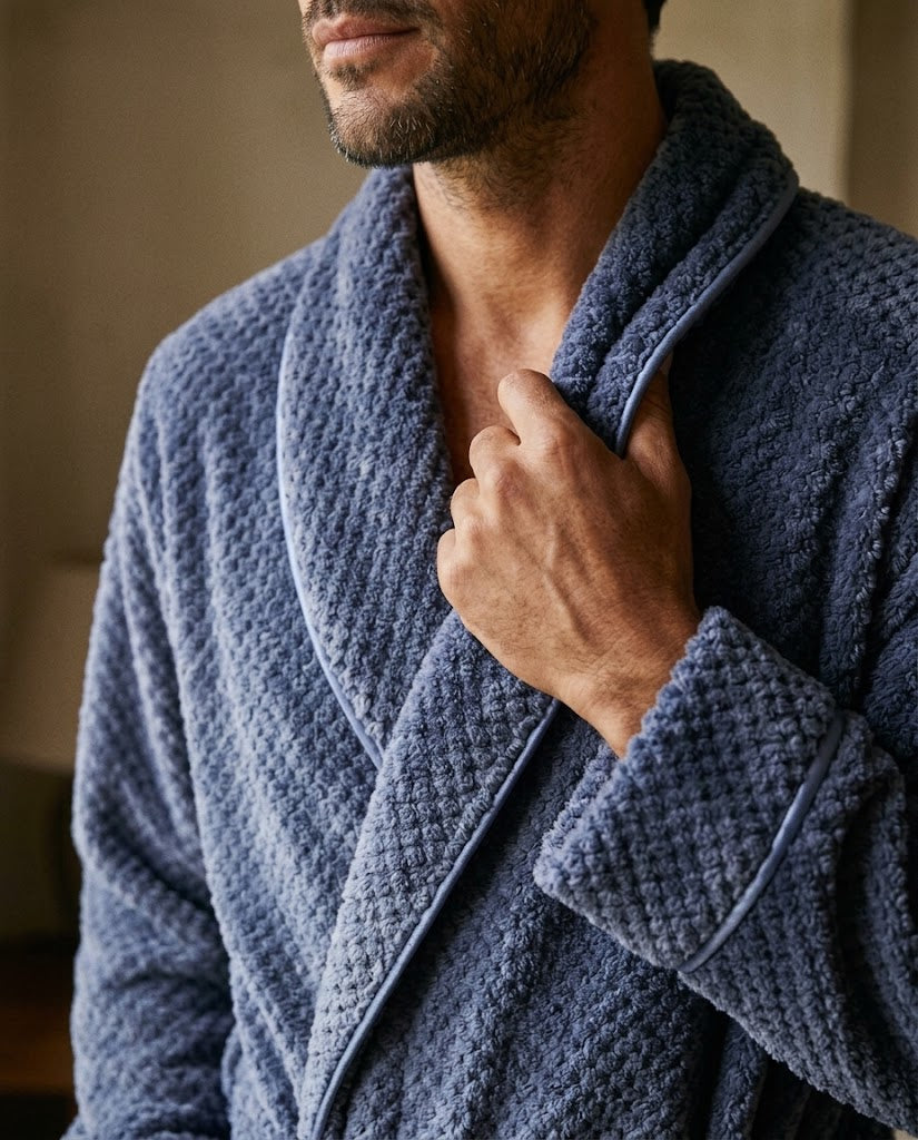 Gros plan polaire gaufrée bleu ardoise, petits carrés en relief et lisere satiné, peignoir homme Heure Sauvage