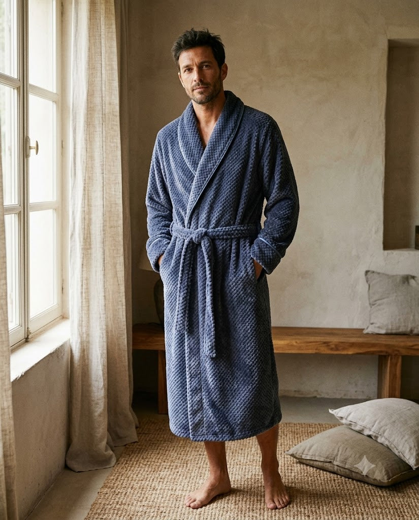 Homme debout en peignoir polaire bleu ardoise, col châle et ceinture nouée, peignoir homme Heure Sauvage