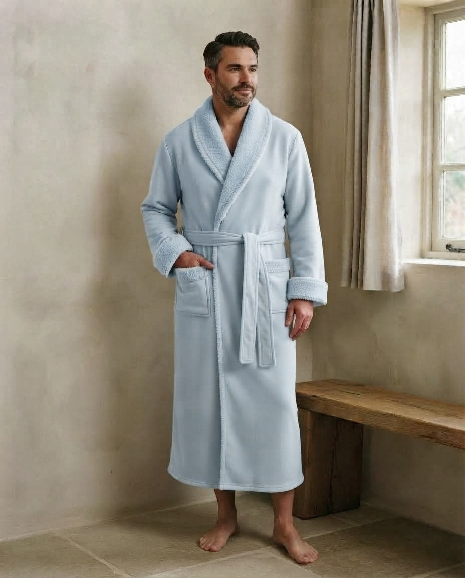 Homme en peignoir long en polaire bleu écume doublé de sherpa, col châle et ceinture nouée