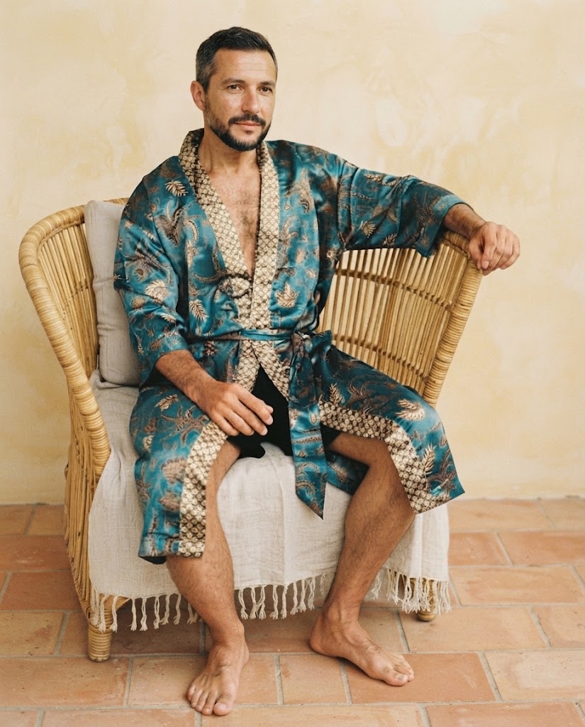 Homme assis portant un peignoir kimono en satin bleu canard imprimé de feuillages dorés, col à parement doré