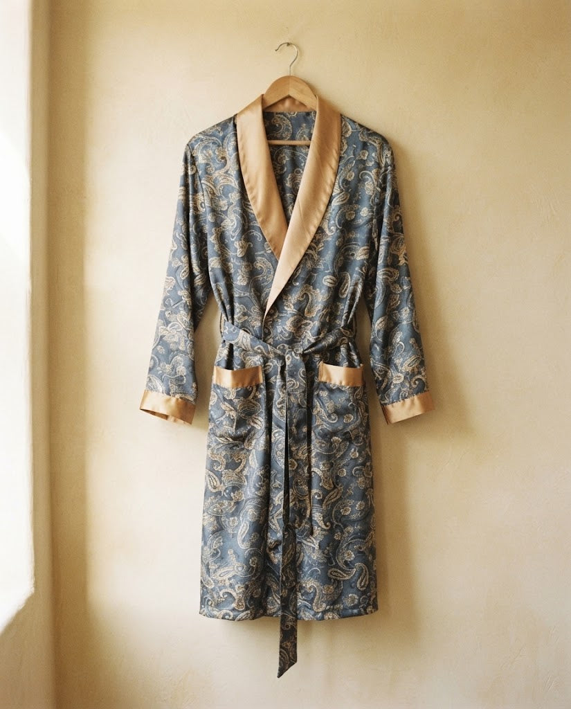 Robe de chambre homme en satin paisley bleu ardoise suspendue à un cintre en bois, ceinture nouée, contre un mur ocre