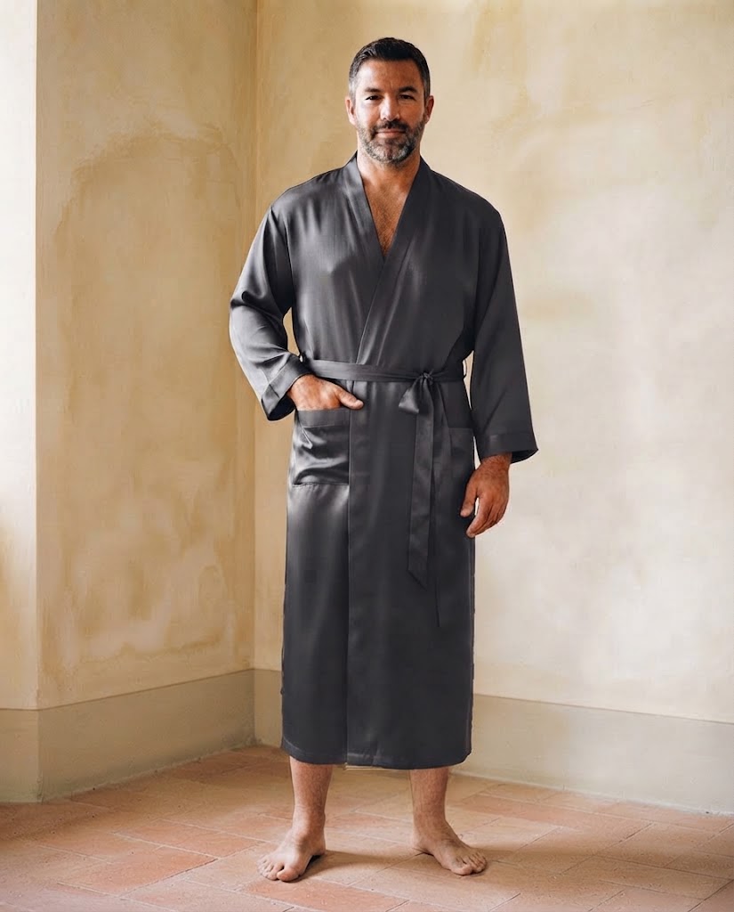 Homme en robe de chambre en satin gris anthracite, main dans la poche, longueur sous le genou, murs ocre et tomettes