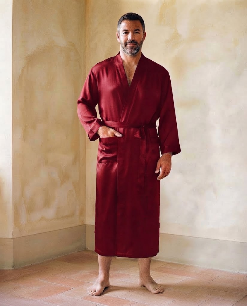 Homme en robe de chambre en satin rouge grenat uni, ceinture nouée à la taille, dans une pièce aux murs ocre