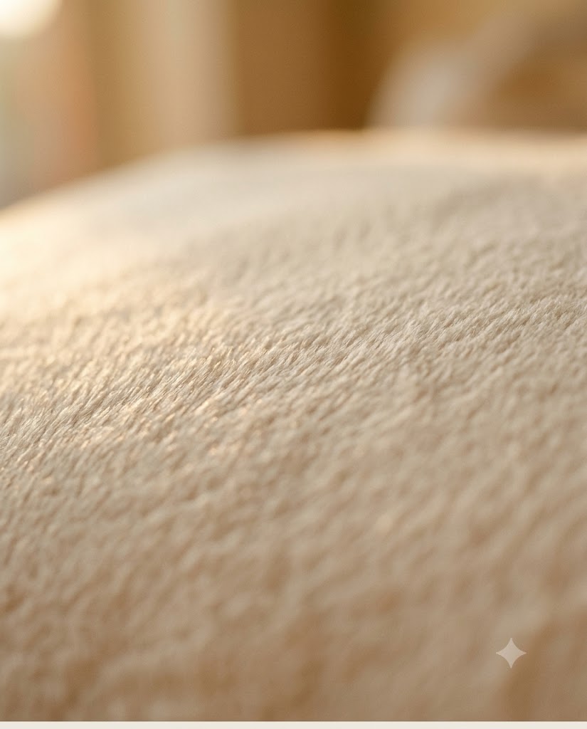 Gros plan polaire brossée, nappe duveteuse, peignoir Heure Sauvage, lumière chaude Image