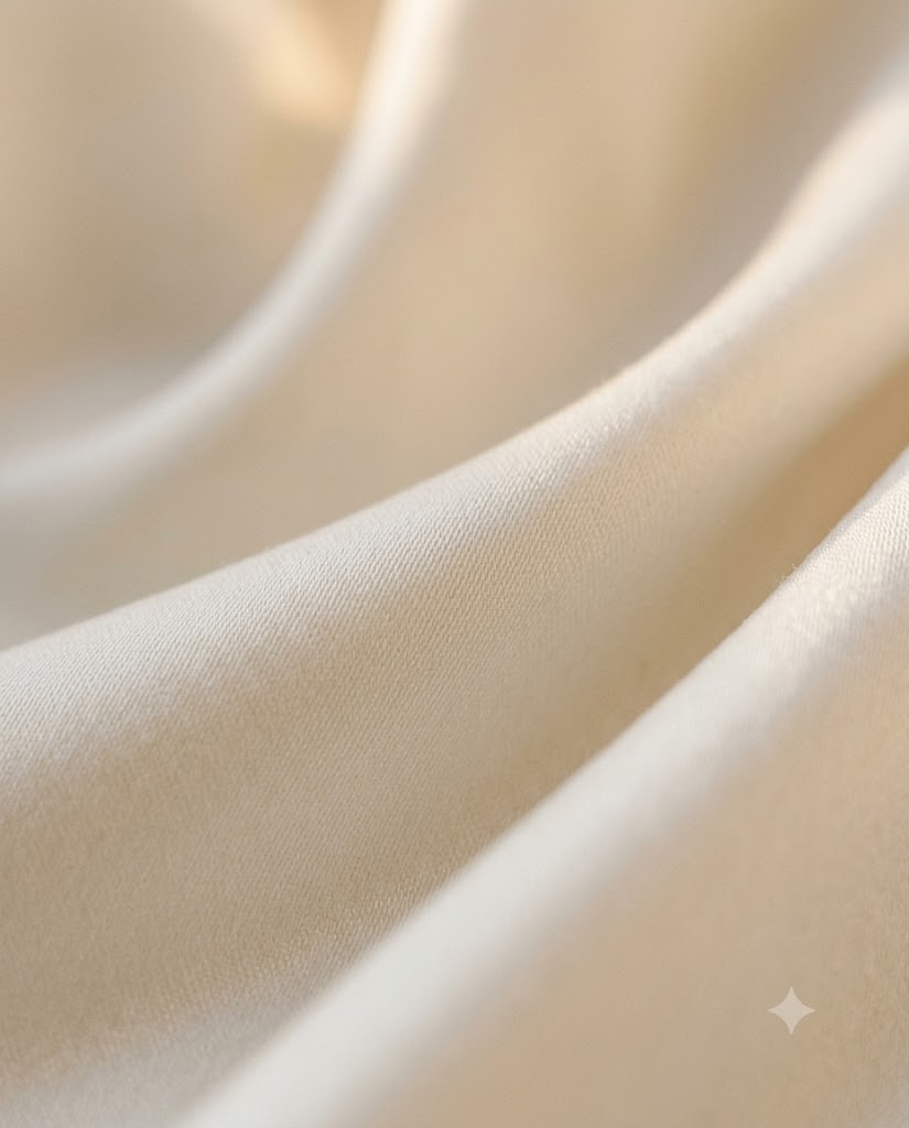 Gros plan satin drapé, tombé fluide, peignoir femme Heure Sauvage, lumière dorée du soir Image
